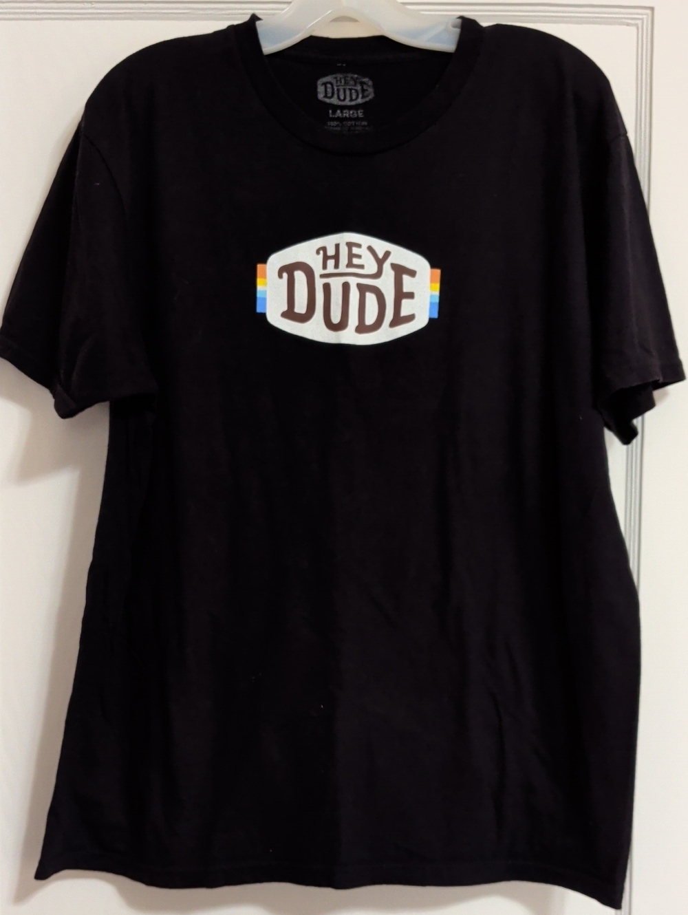 Hey Dude Black Short Sleeve Logo Tee with Multicolor Stripe Detail Size Large